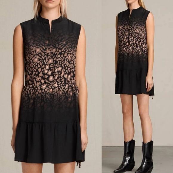 AllSaints Leopard Silk Mini Dress Black Ruffle Tiered Tank Style 2 Short - Picture 1 of 7